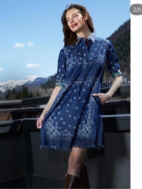 Dizzy Lizzie Chatham Dress Indigo Bandana Print XL Cotton Linen Mini Midi Sleeve